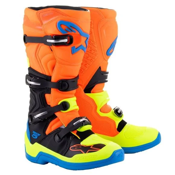 Bottes cross Alpinestars TECH 5 – ORANGE FLUO / ENAMEL BLUE / YELLOW FLUO 2025 – Orange / Bleu Ref : AP12717