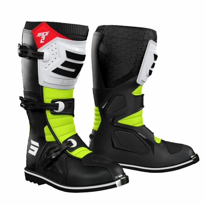 Bottes Cross SHOT RACE 2 Noir Rouge Blanc Jaune Fluo