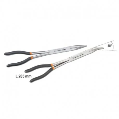 Jeu de 2 pinces extra-longues a becs demi-ronds striees avec double articulation
