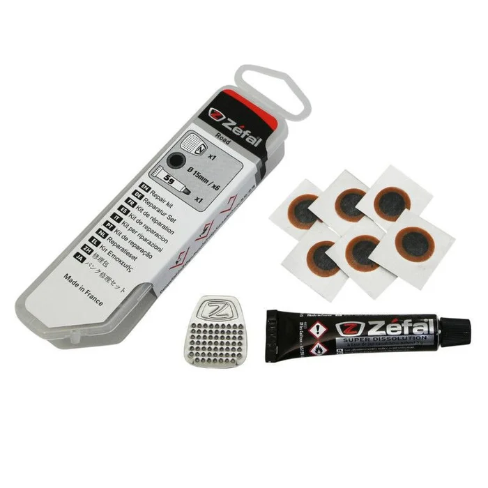 Kit réparation chambre à air route – boîte 4 patchs 15mm + colle 5g + rape acier avec notice