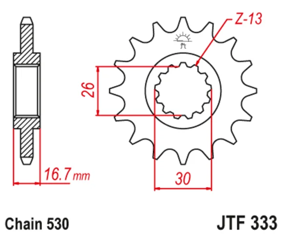 Pignon de sortie de boite JT. acier anti-bruit 333 – 530 Ref : JTC01489A / 1148756001